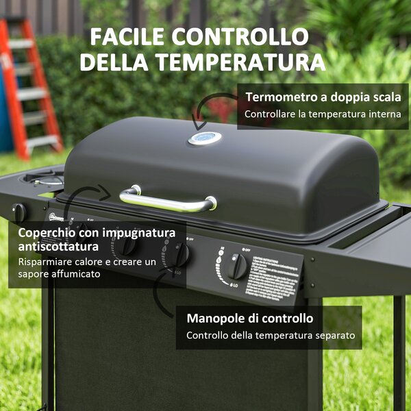 Outsunny Barbecue a Gas con 4+1 Bruciatori Indipendenti e Coperchio con Termometro, 121x54x97 cm, Nero
