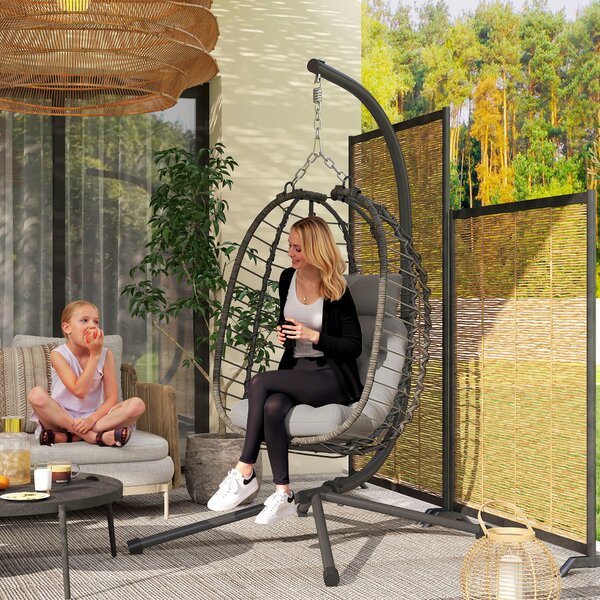 Outsunny Sedia Sospesa in Rattan a Uovo con Cuscino e Poggiatesta, Altezza Regolabile e Seduta Richiudibile, Grigio