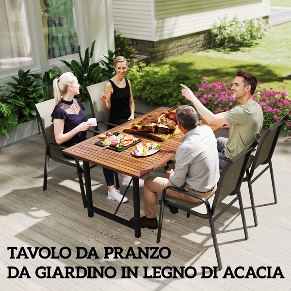 Outsunny Tavolo da Giardino 160x90 cm in Legno di Acacia e Acciaio con Piano a Doghe, Teak