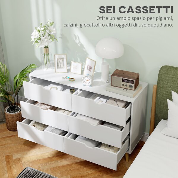 HOMCOM Cassettiera 6 Cassetti con Maniglie Laminate, in Legno di Pino, 120x40x76 cm, Bianca e color Legno|Aosom