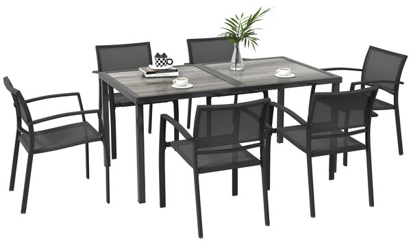 Outsunny Set da Giardino con 6 Sedie Impilabili in Tessuto a Rete e Tavolo Effetto Legno, Grigio