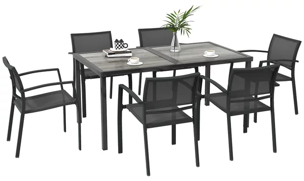 Outsunny Set da Giardino con 6 Sedie Impilabili in Tessuto a Rete e Tavolo Effetto Legno, Grigio