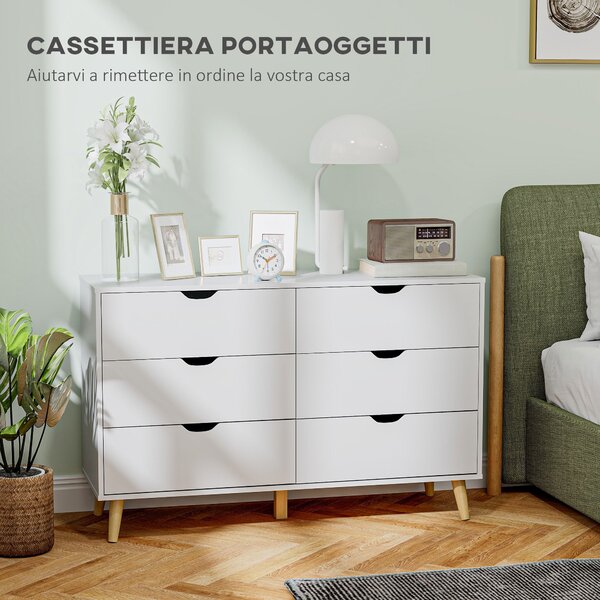HOMCOM Cassettiera 6 Cassetti con Maniglie Laminate, in Legno di Pino, 120x40x76 cm, Bianca e color Legno|Aosom