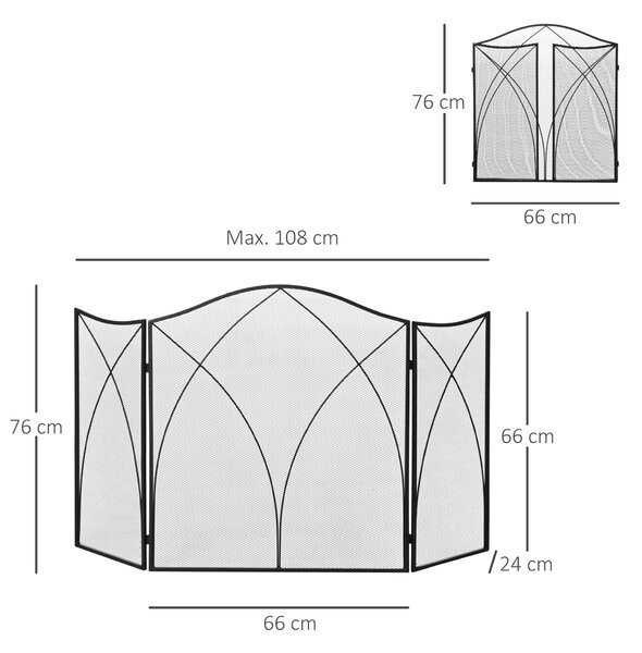 HOMCOM Parascintille Camino a 3 Parti Pieghevole in Metallo, 126x2x76 cm, Nero