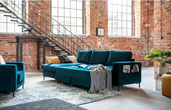 Divano letto angolare in velluto color petrolio (angolo sinistro) Lofty Lilly - Miuform