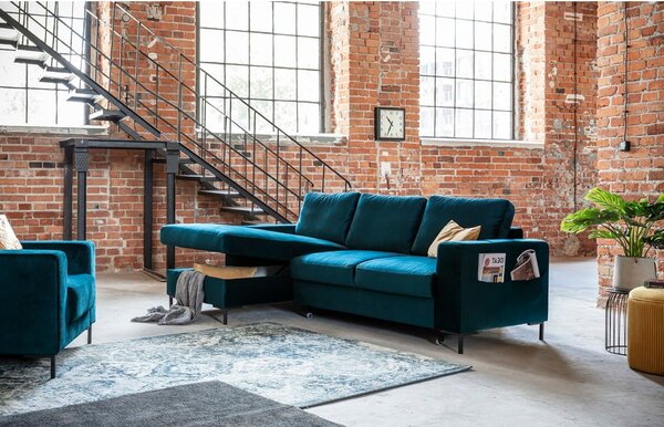 Divano letto angolare in velluto color petrolio (angolo sinistro) Lofty Lilly - Miuform