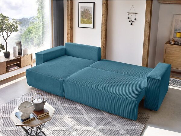 Divano angolare turchese allungabile con rivestimento in velluto a coste Nihad – Bobochic Paris