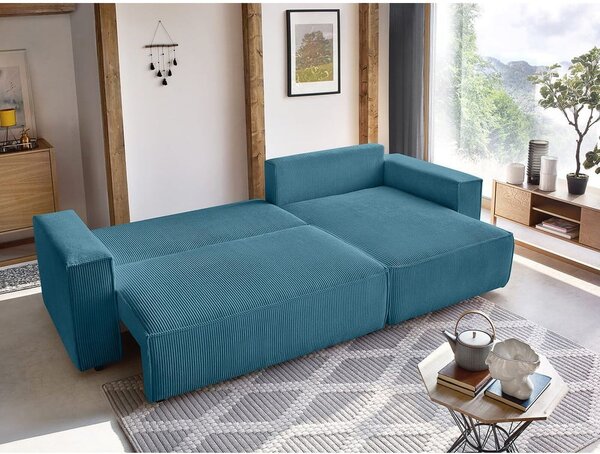 Divano angolare turchese allungabile con rivestimento in velluto a coste Nihad – Bobochic Paris