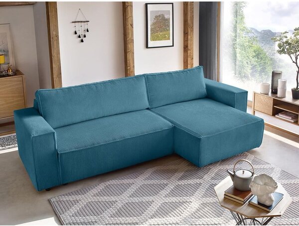 Divano angolare turchese allungabile con rivestimento in velluto a coste Nihad – Bobochic Paris