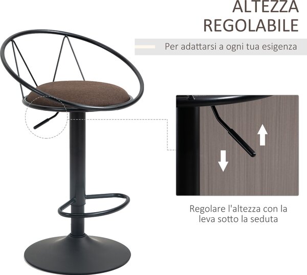 HOMCOM Set 2 Sgabelli Alti da Bar con Schienale e Poggiapiedi, Base Rotonda Metallica e Altezza Regolabile, in Lino, Marrone|Aosom Italy