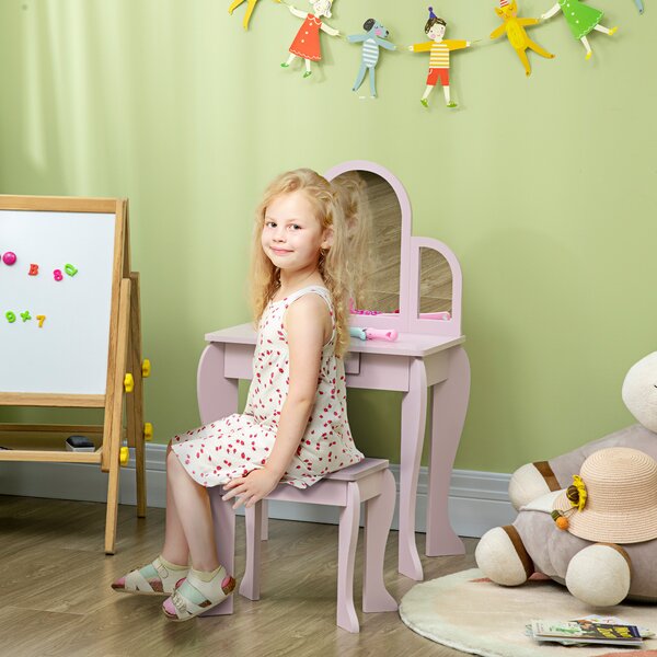 HOMCOM Tavolo per Trucco per Bambine 3-6 Anni con Sgabello, Cassetti e Specchio Coordinato in Acrilico, in MDF e Legno di Pino, Rosa|Aosom