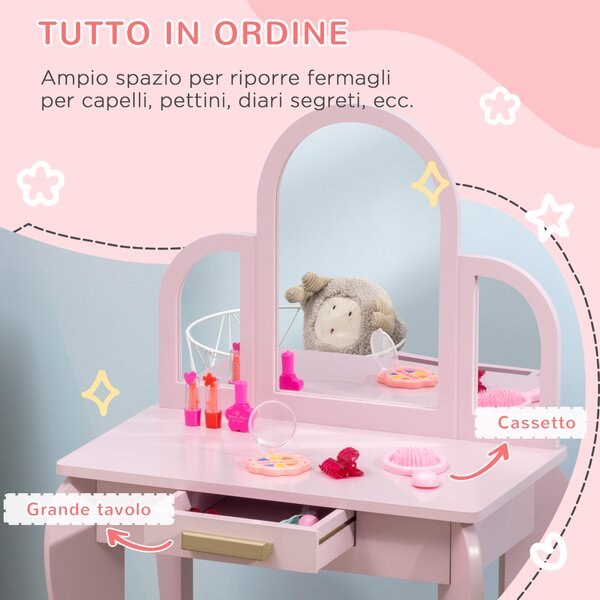 HOMCOM Tavolo per Trucco per Bambine 3-6 Anni con Sgabello, Cassetti e Specchio Coordinato in Acrilico, in MDF e Legno di Pino, Rosa|Aosom