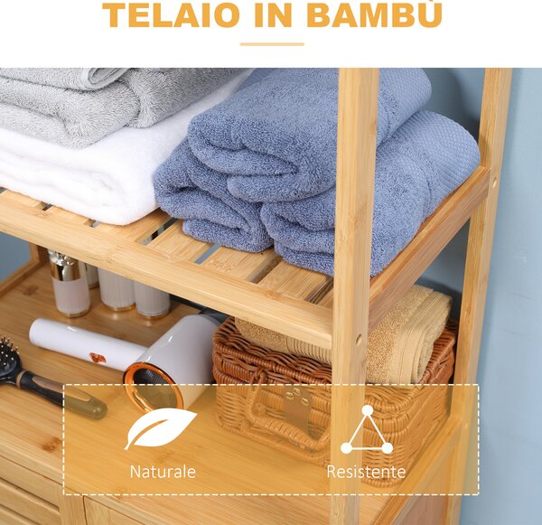 Kleankin Mobiletto Bagno Moderno con 2 Ripiani Aperti e Armadietto a 2 Ante in Bambù e a doghe, 60x30x120 cm, Naturale | Aosom Italy