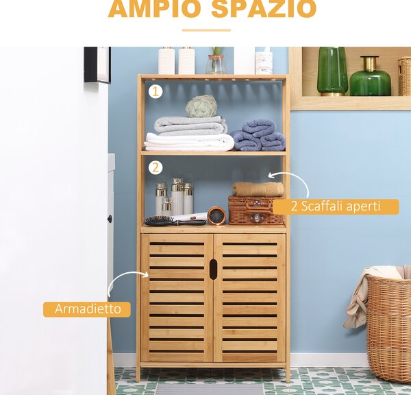 Kleankin Mobiletto Bagno Moderno con 2 Ripiani Aperti e Armadietto a 2 Ante in Bambù e a doghe, 60x30x120 cm, Naturale | Aosom Italy