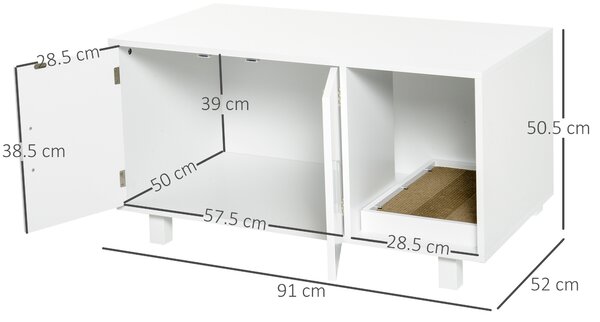 PawHut Mobile per Lettiera Gatti in Legno con 2 Ante e Apertura Laterale con Tiragraffi, Bianco|Aosom