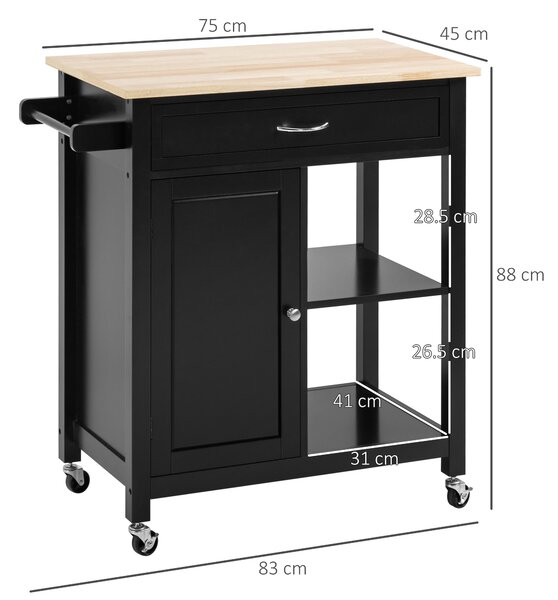 HOMCOM Carrello Cucina in Legno con Cassetto, Armadietto e 2 Ripiani Aperti, Mensola Regolabile, 2 Ruote con Freno, 83x45x88 cm, Nero | Aosom Italy