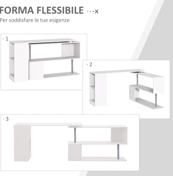 HOMCOM Scrivania Moderna, Angolare e Girevole con Libreria per PC, Camera o Ufficio, Tavolo da Pranzo in Truciolato Bianco, 140x120x78 cm|Aosom