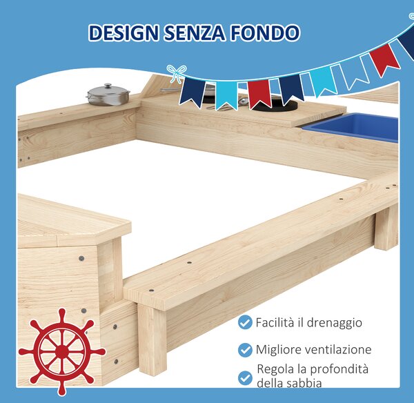 Outsunny Sabbiera con Tettuccio e Set Cucina per Bambini 3-7 Anni, Legno di Abete, Gioco Esterno Creativo, 180x103x144.5 cm|Aosom
