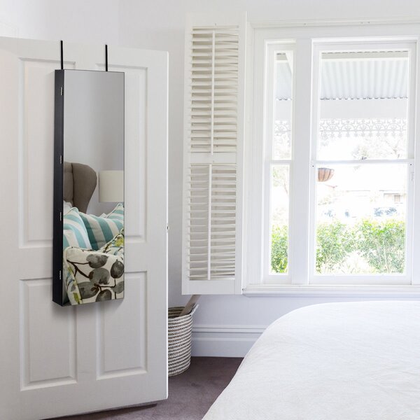 Costway Armadio portagioie con specchio in legno a parete con LED interno 35,5x10x120cm Nero