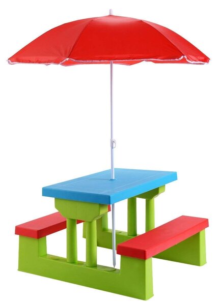 Costway Tavolo da picnic per bambini con parasole pieghevole Set di tavolo e panche per giardino 67x41x47cm
