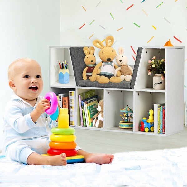 Costway Scaffale per libri in legno Libreria con 6 box scomparti e una sedia per bambini Bianco