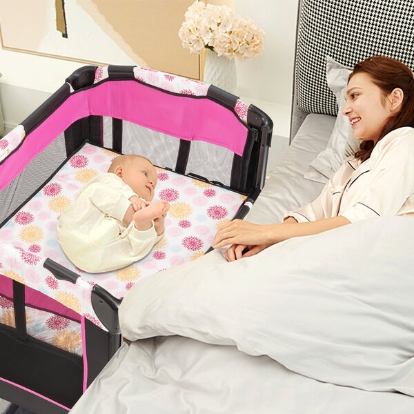 Costway Box portatile 3 in 1 per bambini, Letto pieghevole con tasca carillon giocattoli carini, Rosa