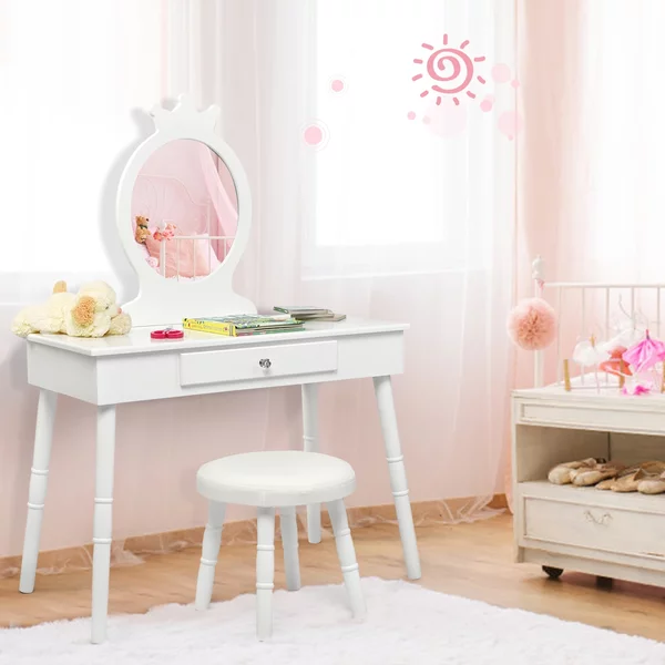Costway Toeletta con specchio per bambini, Set tavolo e sedia toeletta con cassetti e sgabello imbottito, Bianco