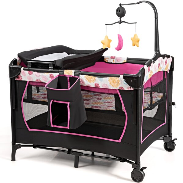 Costway Box portatile 3 in 1 per bambini, Letto pieghevole con tasca carillon giocattoli carini, Rosa