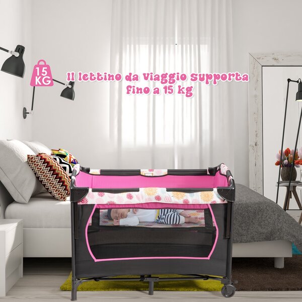 Costway Box portatile 3 in 1 per bambini, Letto pieghevole con tasca carillon giocattoli carini, Rosa