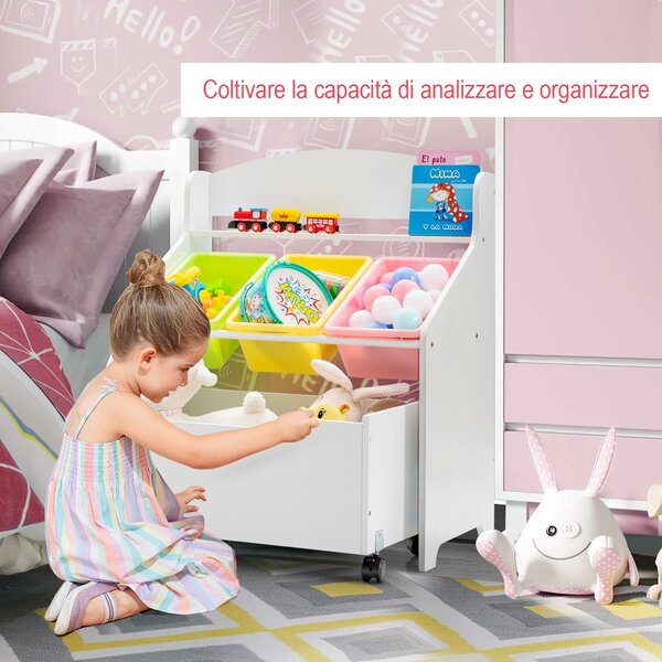 Costway Libreria di legno con ruote per bambini, Organizer libri e giocattoli con 3 cesti, Bianco