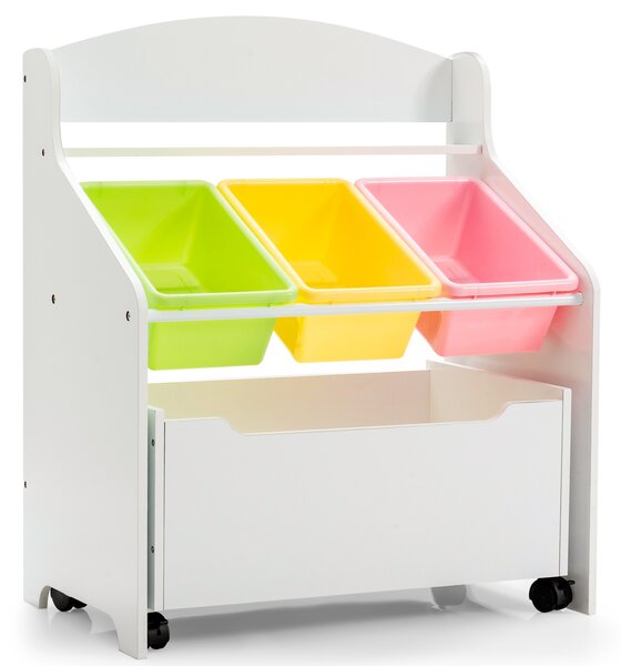 Costway Libreria di legno con ruote per bambini, Organizer libri e giocattoli con 3 cesti, Bianco