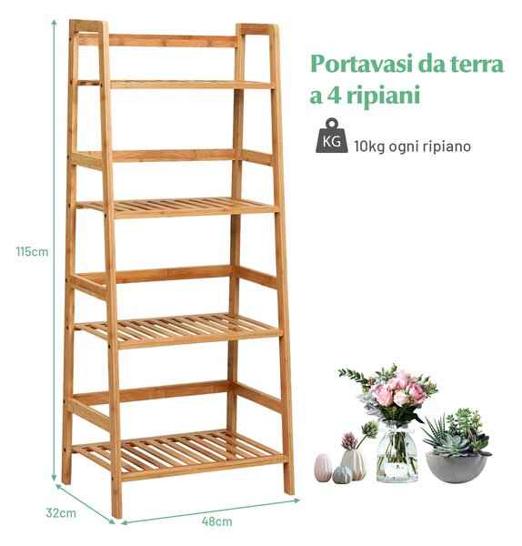Costway Scaffale multiuso con 4 livelli in bambù per soggiorno cucina ufficio, Libreria rustica con solida struttura Naturale