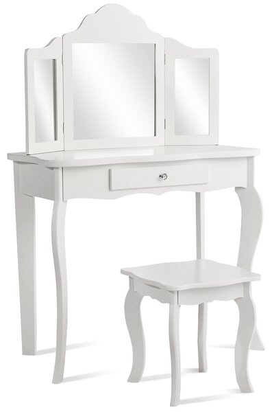 Costway Set toeletta per bambini, Tavolo toeletta principessa con sgabello specchio pieghevole, Bianco