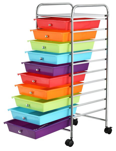Costway Carrello cassettiera multiuso con 10 cassetti da cucina, Contenitore con ruote a 10 ripiani per bagno Colorato scuro