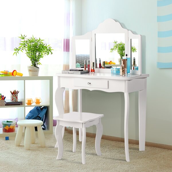 Costway Set toeletta per bambini, Tavolo toeletta principessa con sgabello specchio pieghevole, Bianco