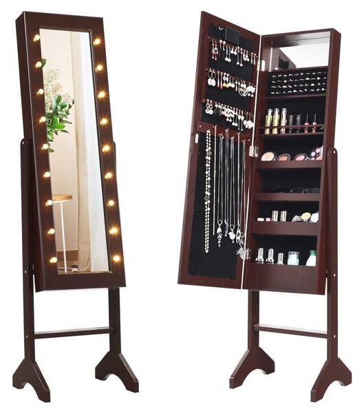 Costway Armadio portagioie con 18 luci LED, Organizer per tutti i tipi di gioielli con specchio a figura intera Marrone