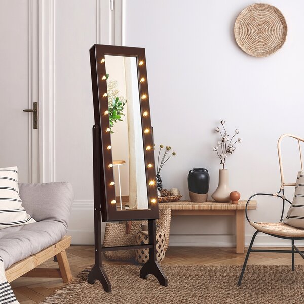 Costway Armadio portagioie con 18 luci LED, Organizer per tutti i tipi di gioielli con specchio a figura intera Marrone