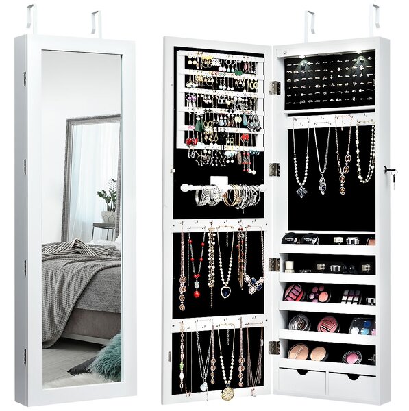 Costway Armadio per gioielli con specchio e luci LED, Organizer al muro o sulla porta con ganci regolabili Bianco
