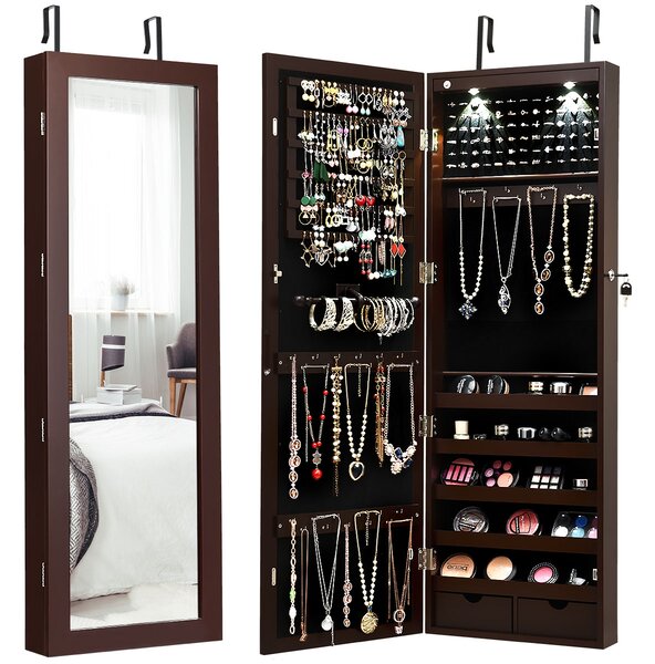Costway Armadio per gioielli con specchio e luci LED, Organizer al muro o sulla porta con ganci regolabili Marrone