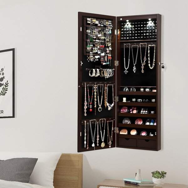 Costway Armadio per gioielli con specchio e luci LED, Organizer al muro o sulla porta con ganci regolabili Marrone