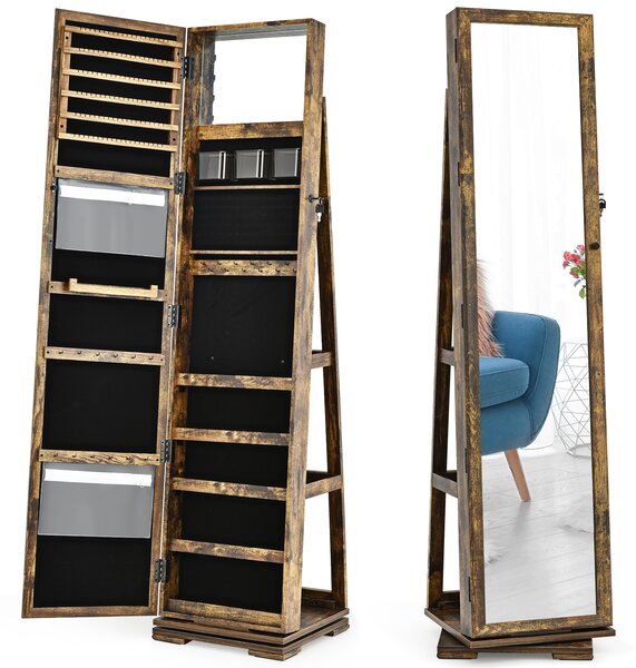 Costway Armadio portagioielli girevole a 360° con specchio, Organizer gioielli 2 in 1 a figura intera, Naturale
