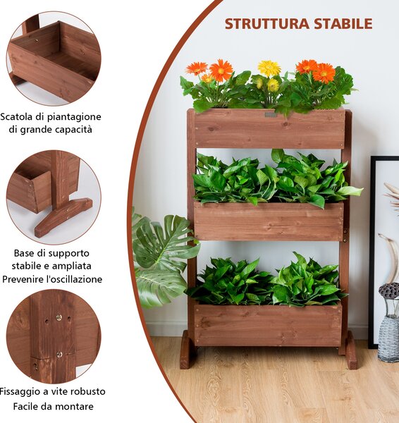 Costway Fioriera di legno con 3 livelli per interno ed esterno, Scaffale multilivello regolabile per piante Marrone