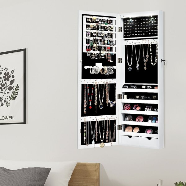 Costway Armadio per gioielli con specchio e luci LED, Organizer al muro o sulla porta con ganci regolabili Bianco