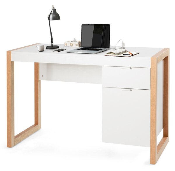 Costway Scrivania moderna per computer con armadietto e cassetto per casa e ufficio, Postazione di lavoro elegante Bianco