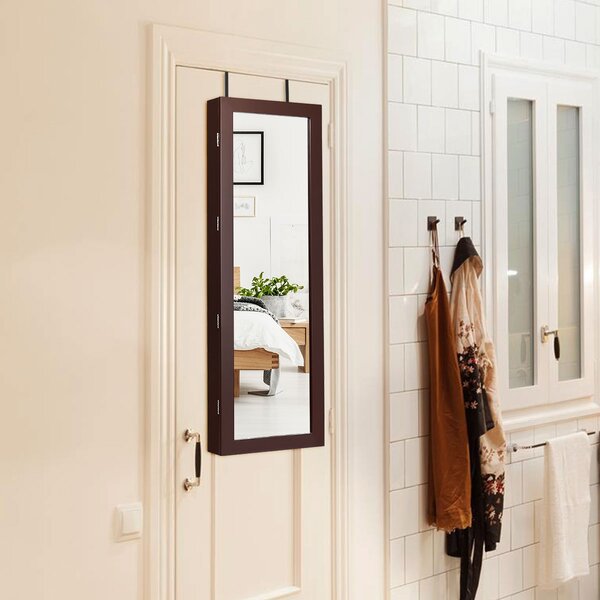 Costway Armadio per gioielli con specchio e luci LED, Organizer al muro o sulla porta con ganci regolabili Marrone