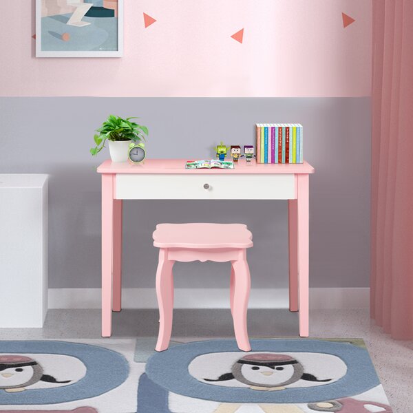 Costway Set toeletta con con specchio tripartito e cassetto per bambini, Scrivania smontabile 2 in 1 per leggere Rosa