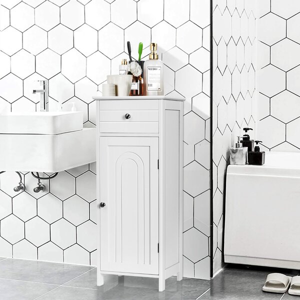 Costway Armadio del bagno con anta singolae e 2 mensole regolabili, Organizer verticale per bagno e salone Bianco