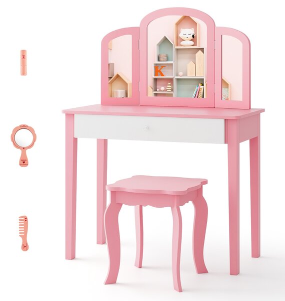 Costway Set toeletta con con specchio tripartito e cassetto per bambini, Scrivania smontabile 2 in 1 per leggere Rosa