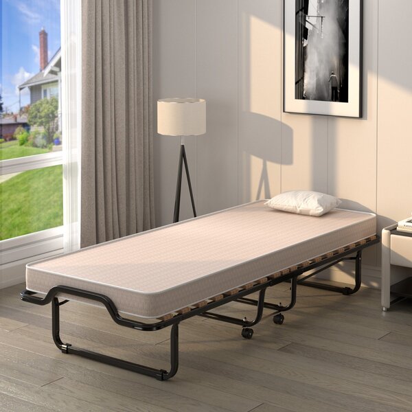 Costway Lettino pieghevole con materasso in memory foam e capacità di 120 kg, Letto con struttura metallica e ruote Beige