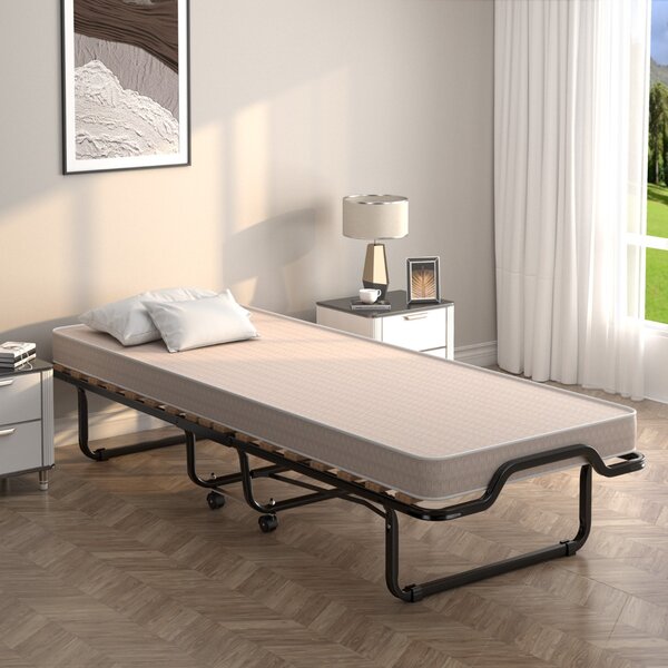 Costway Lettino pieghevole con materasso in memory foam e capacità di 120 kg, Letto con struttura metallica e ruote Beige
